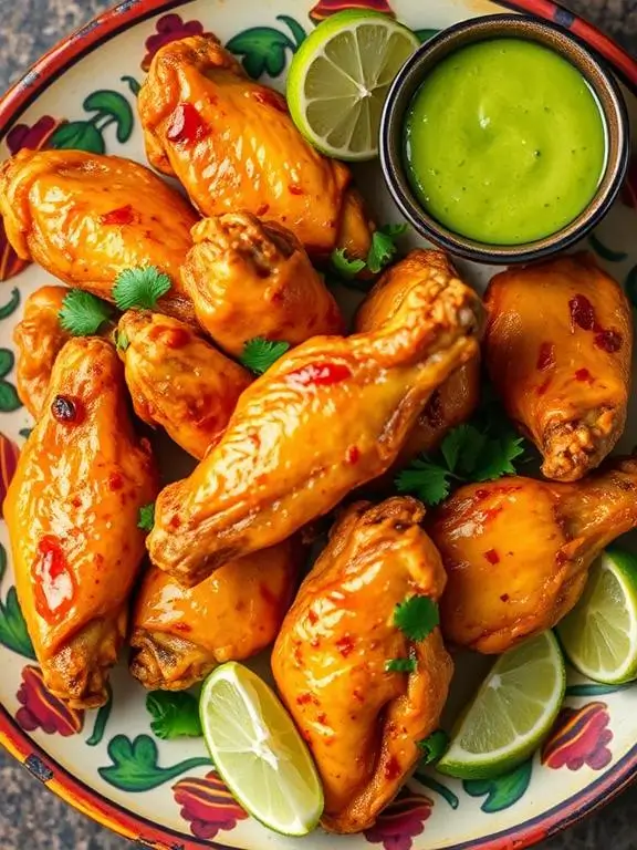 Zesty Mexican chili lime air fryer recipes chicken wings with vibrant spices, fresh cilantro, and lime wedges on a colorful plate.