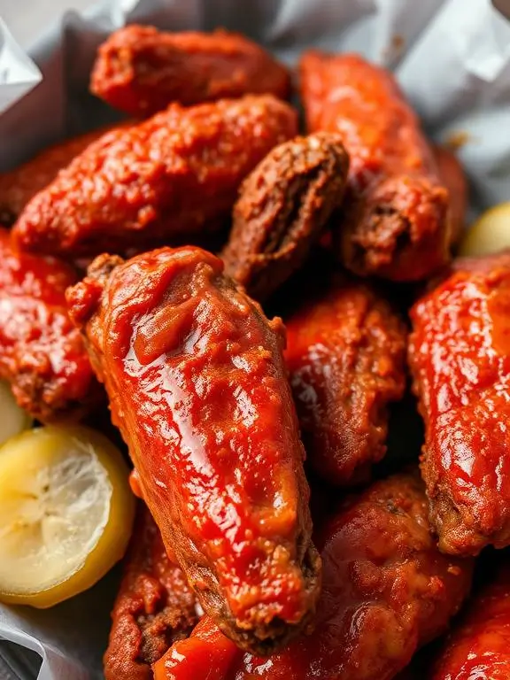 Fiery Nashville hot air fryer recipes chicken wings with intense red spice coating, traditionally served with white bread and pickles.