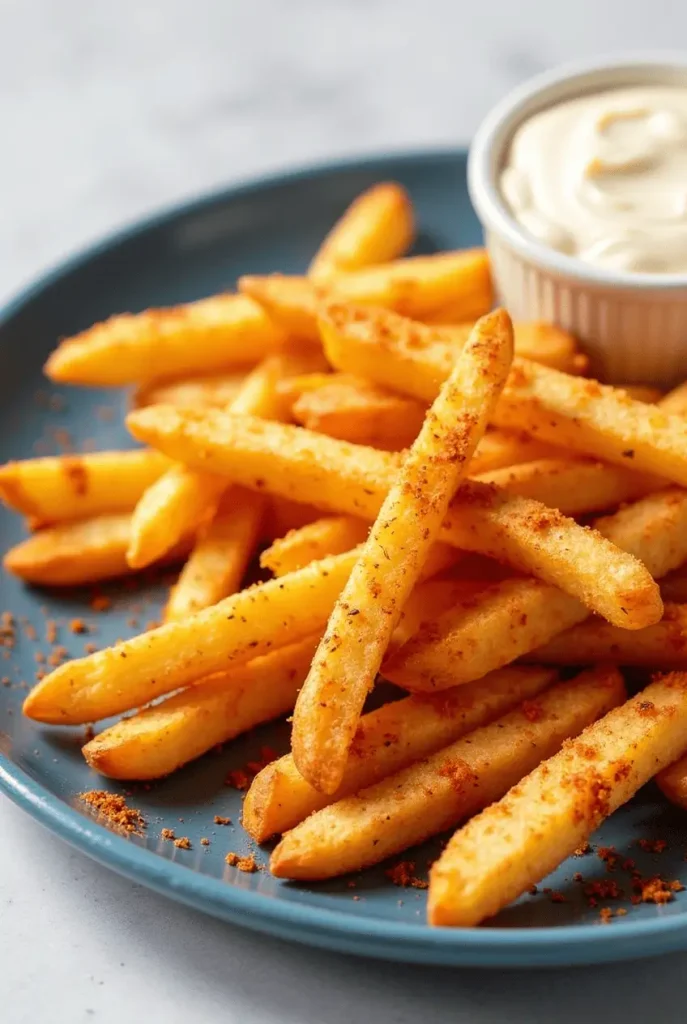 Spicy Cajun-seasoned air fryer recipes french fries with a rich reddish coating and herbs on a blue plate.