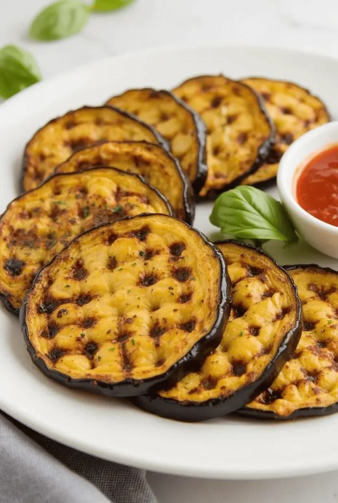 Perfectly crispy golden-brown eggplant rounds made using eggplant air fryer recipes, stacked on a white plate with marinara dipping sauce.