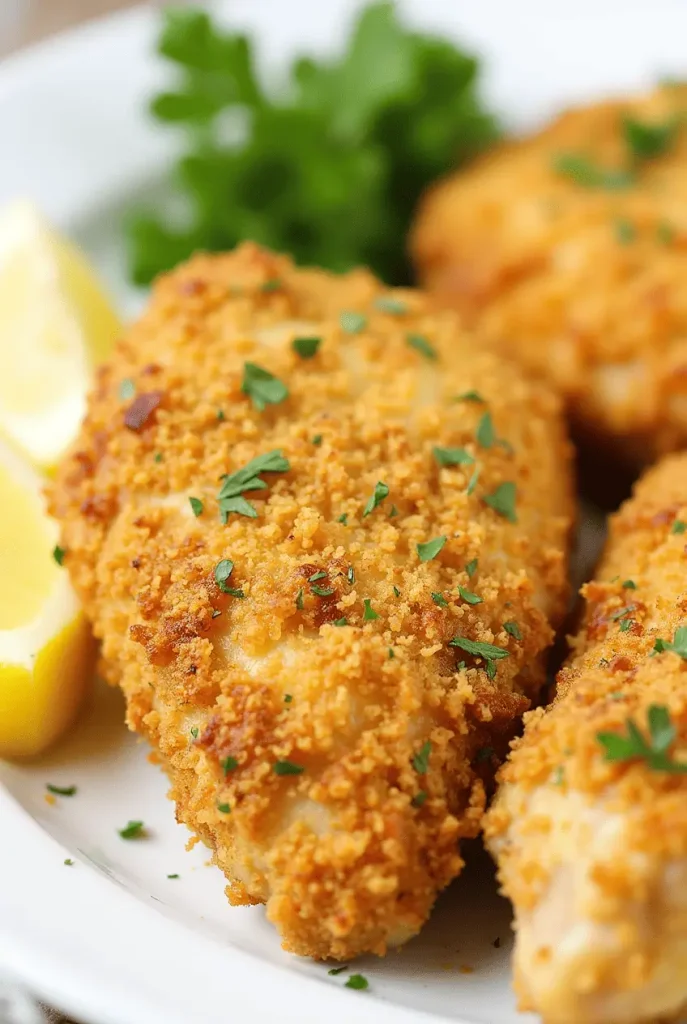 Crispy golden chicken thighs air fryer recipes featuring garlic parmesan crust garnished with fresh parsley and served with lemon wedges.