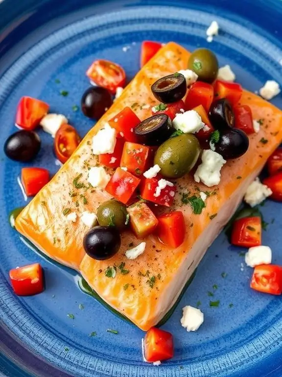 Mediterranean inspired air fryer recipes salmon topped with olives, tomatoes and feta cheese