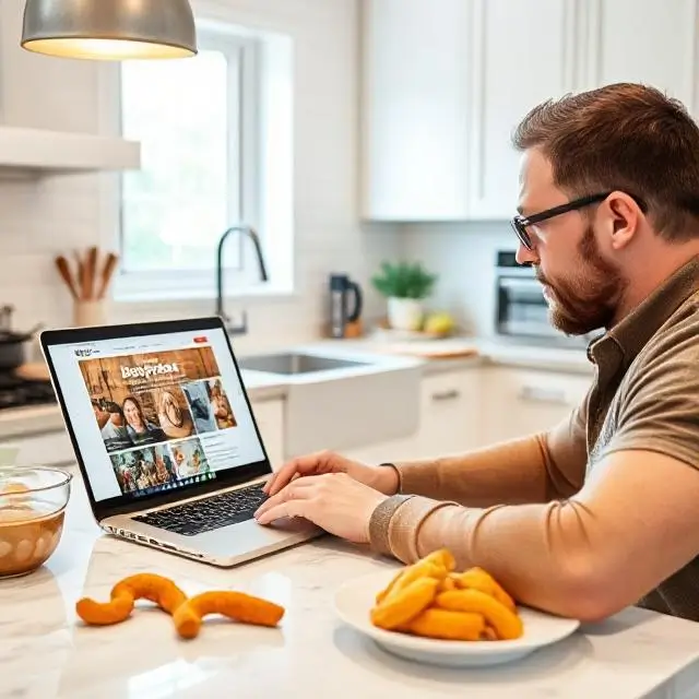 about us at Buzzpress fan exploring new Air Fryer Recipes in his kitchen workspace