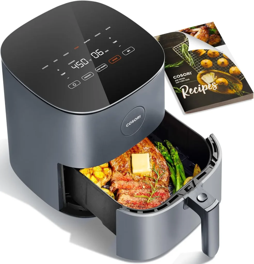 COSORI digital air fryer under $100 with preset functions and fresh cooking ingredients