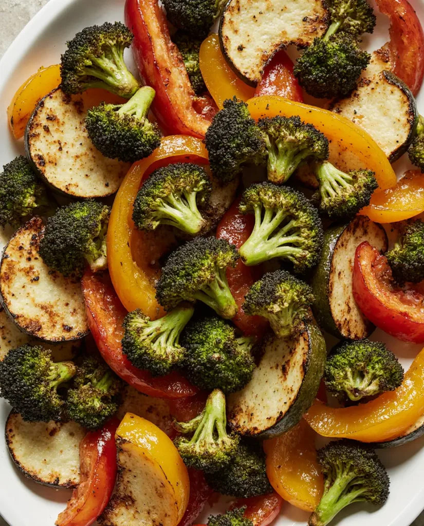 Colorful roasted vegetable medley from air fryer, essential healthy air fryer recipes for weight loss for beginners