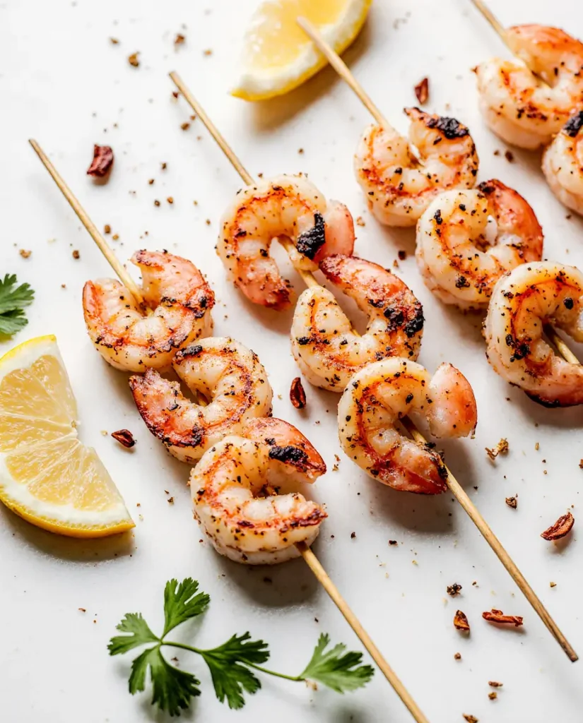 Spiced shrimp skewers with golden edges, perfect healthy air fryer recipes for weight loss for beginners