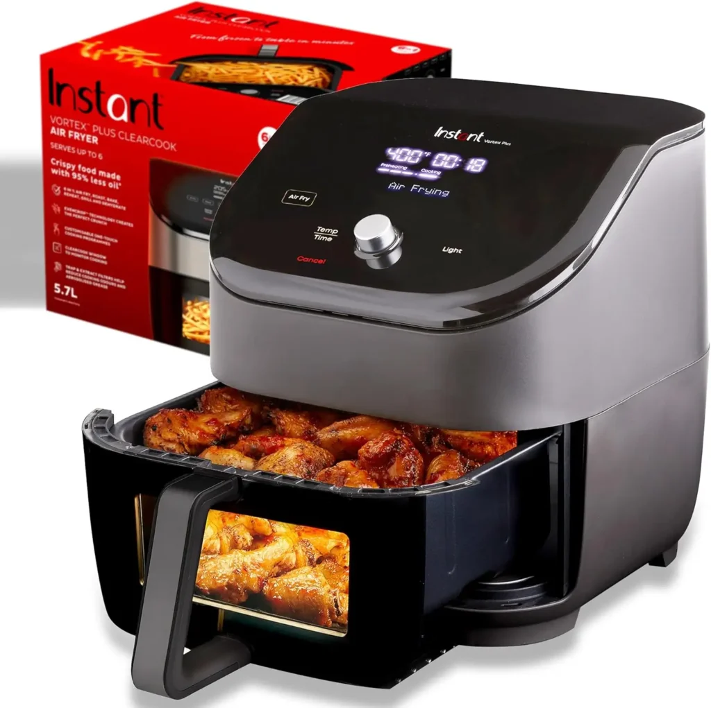 Instant Vortex Plus square basket air fryer under $100 showing 4-in-1 cooking versatility