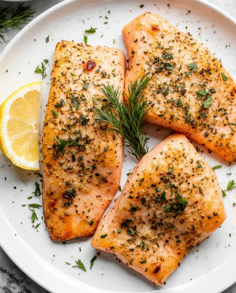 Flaky seasoned salmon fillet with herbs, ideal healthy air fryer recipes for weight loss for beginners