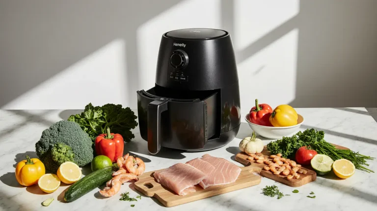 Modern air fryer surrounded by fresh ingredients for healthy air fryer recipes for weight loss for beginners